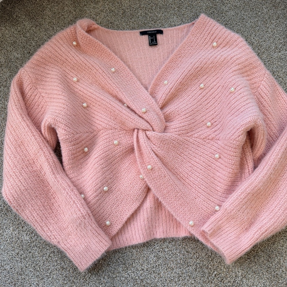 Forever 21 Pink V-Neck Sweater with Pearl Details